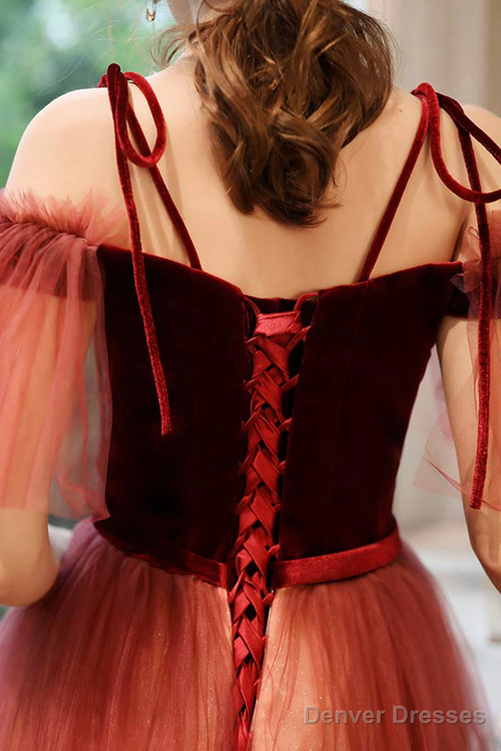 Burgundy Gradient Tulle Long Prom Dress, Lovely Spaghetti Strap Evening Dress