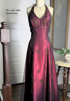 Vintage Fuchsia Halter-Neck A-Line Beaded Chiffon Long Prom Dress Evening Gown