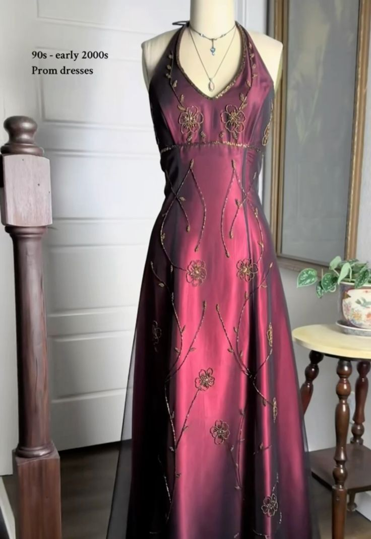 Vintage Fuchsia Halter-Neck A-Line Beaded Chiffon Long Prom Dress Evening Gown