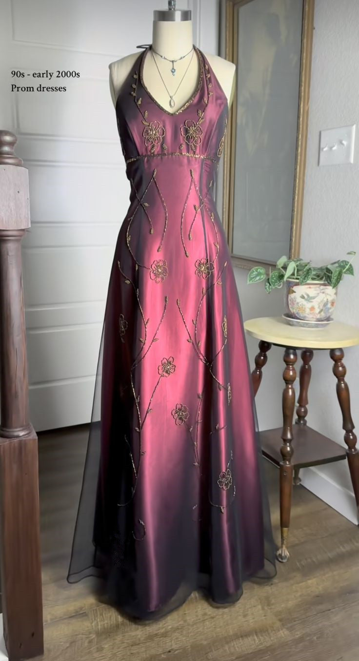 Vintage Fuchsia Halter-Neck A-Line Beaded Chiffon Long Prom Dress Even – Denver Dresses