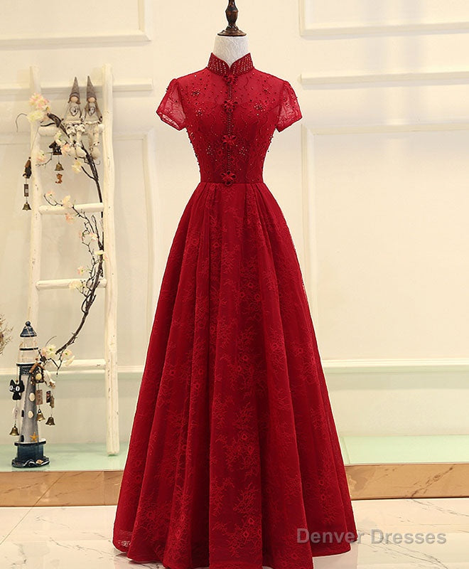 Burgundy High Low Lace Long Prom Dress, Burgundy Evening Dress Secondary image