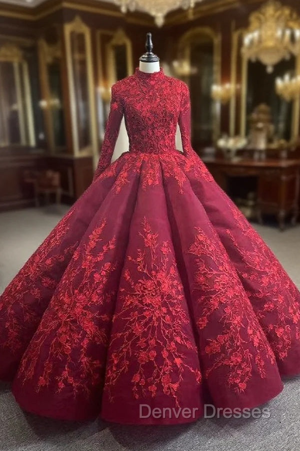 Burgundy High Neck Long Sleeve Appliques Prom Dress