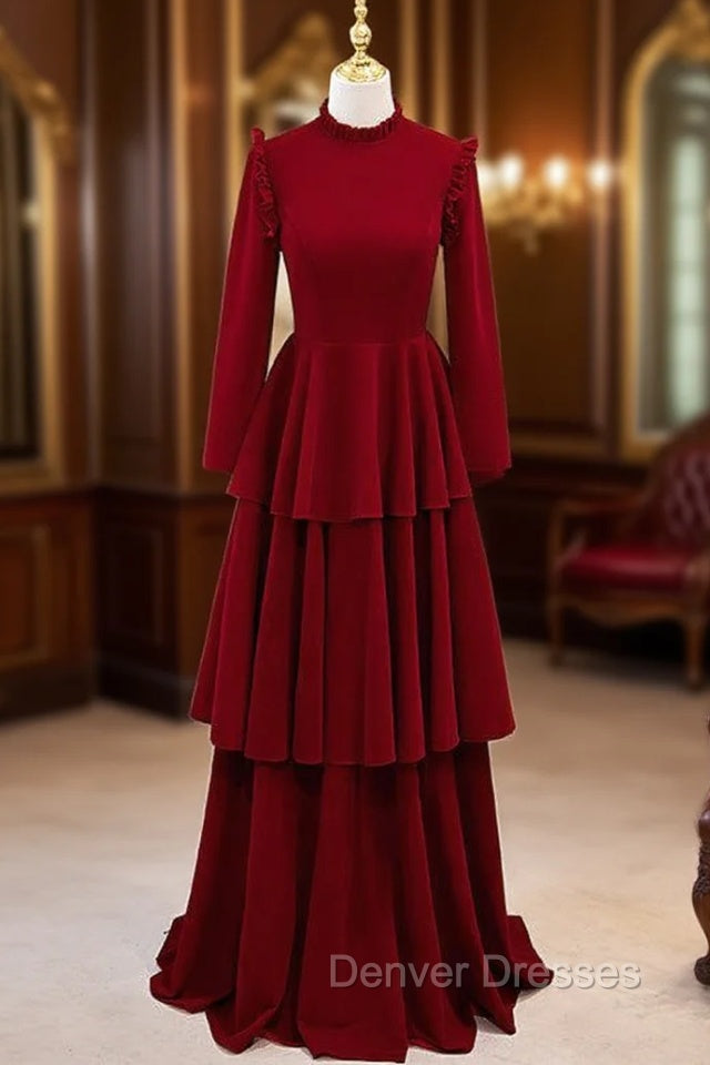 Burgundy High Neck Long Sleeve Prom Dress Main image