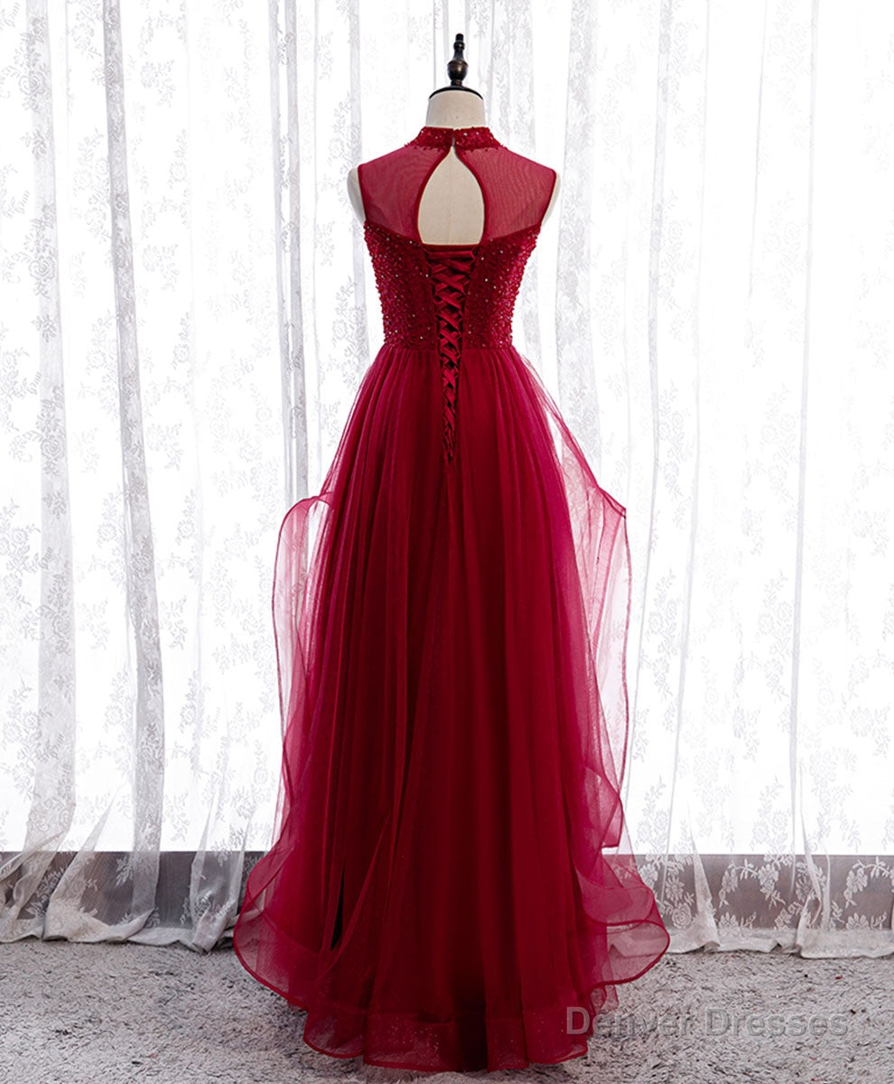 Burgundy High Neck Tulle Sequin Beads Long Evening Dresses