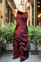 Burgundy Homecoming Dress Vintage Backless Ruffle Asymmetrical Midi Length Party Dress