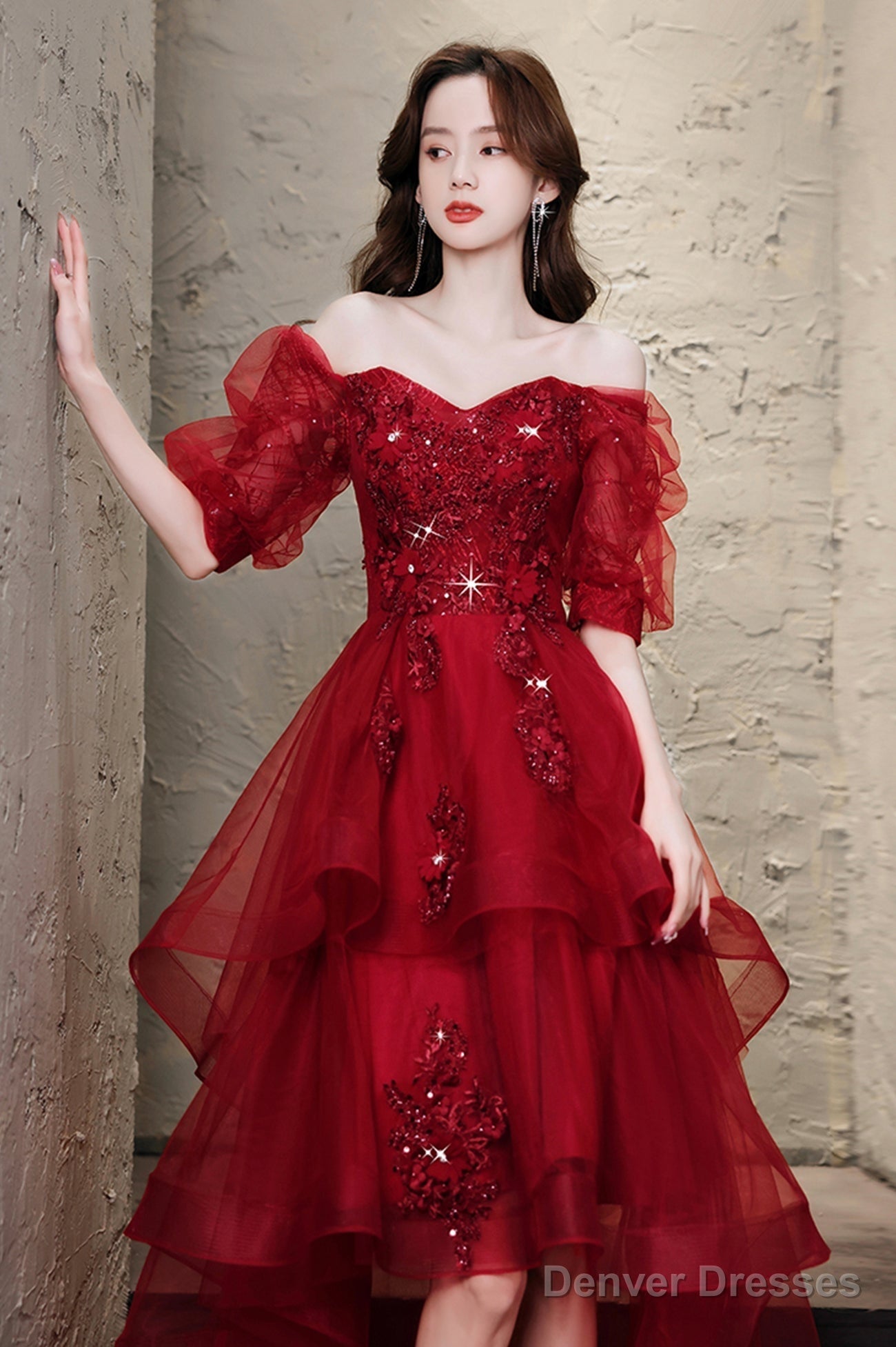 Burgundy Lace High Low Prom Dress, A-Line 1/2 Sleeve Evening Party Dress Secondary image