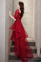 Burgundy Lace High Low Prom Dress, A-Line 1/2 Sleeve Evening Party Dress