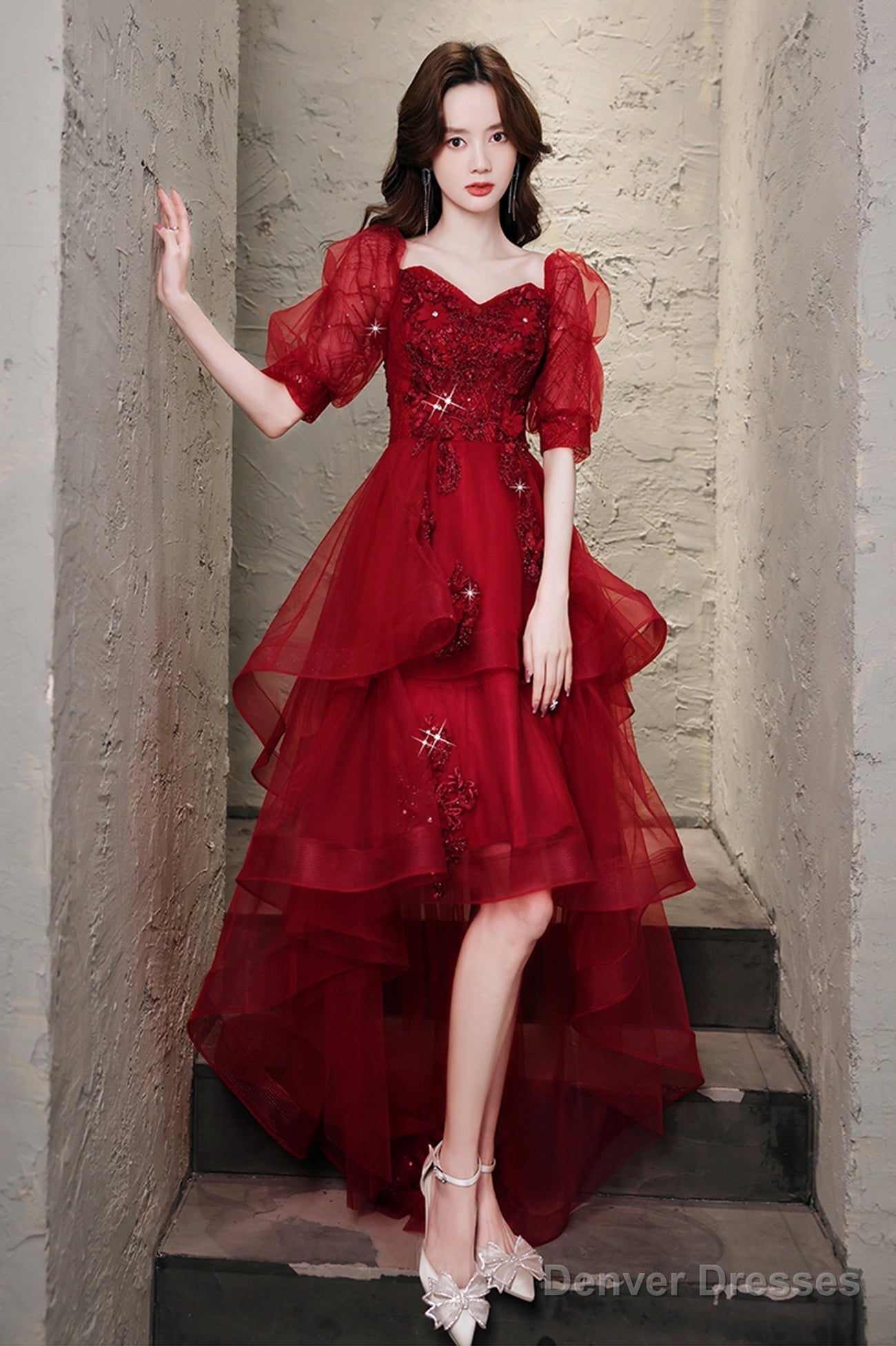 Burgundy Lace High Low Prom Dress, A-Line 1/2 Sleeve Evening Party Dress Main image