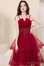 Burgundy Lace High-Low Prom Dress, Lovely Homecoming Party Dress