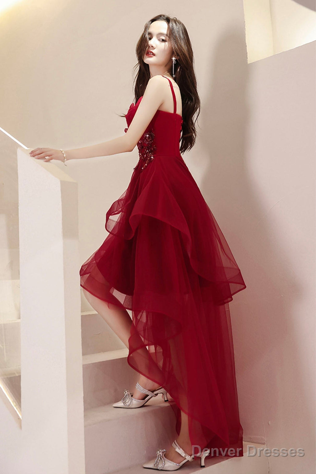 Burgundy Lace High-Low Prom Dress, Lovely Homecoming Party Dress