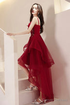Burgundy Lace High-Low Prom Dress, Lovely Homecoming Party Dress