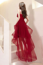 Burgundy Lace High-Low Prom Dress, Lovely Homecoming Party Dress