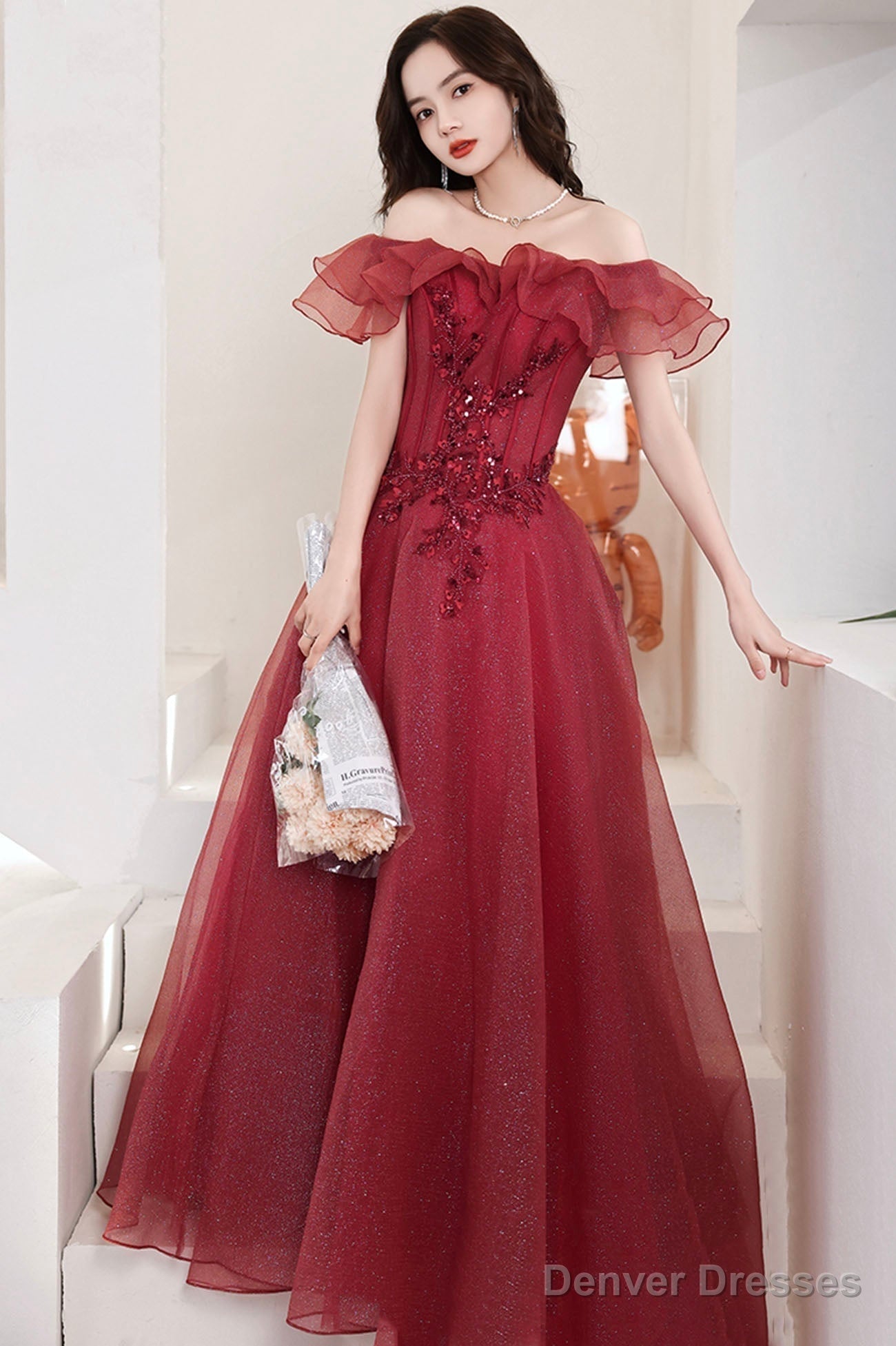 Burgundy Lace Long A-Line Prom Dress, Off The Shoulder Evening Party Dress