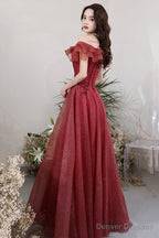 Burgundy Lace Long A-Line Prom Dress, Off The Shoulder Evening Party Dress