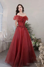 Burgundy Lace Long A-Line Prom Dress, Off The Shoulder Evening Party Dress
