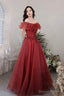 Burgundy Lace Long A-Line Prom Dress, Off The Shoulder Evening Party Dress
