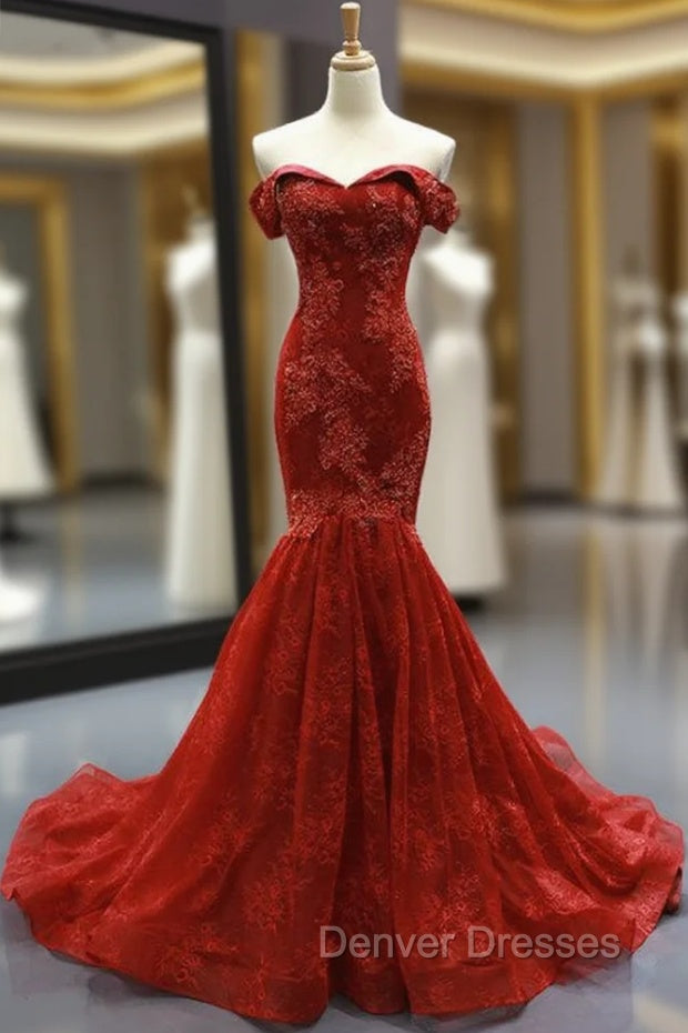 Burgundy Lace Mermaid Off The Shoulder Prom Dress With Beading