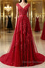 Burgundy Lace Prom Dress with Train, Wine Red Lace Formal Evening Dress