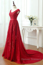 Burgundy Lace Prom Dress with Train, Wine Red Lace Formal Evening Dress