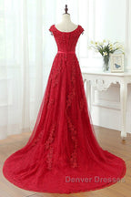 Burgundy Lace Prom Dress with Train, Wine Red Lace Formal Evening Dress