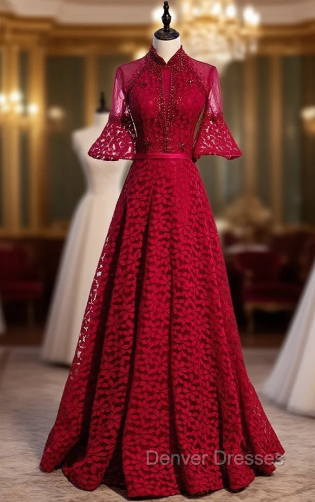 Burgundy Lace Short Sleeve Handwork Beading Prom Dress Main image