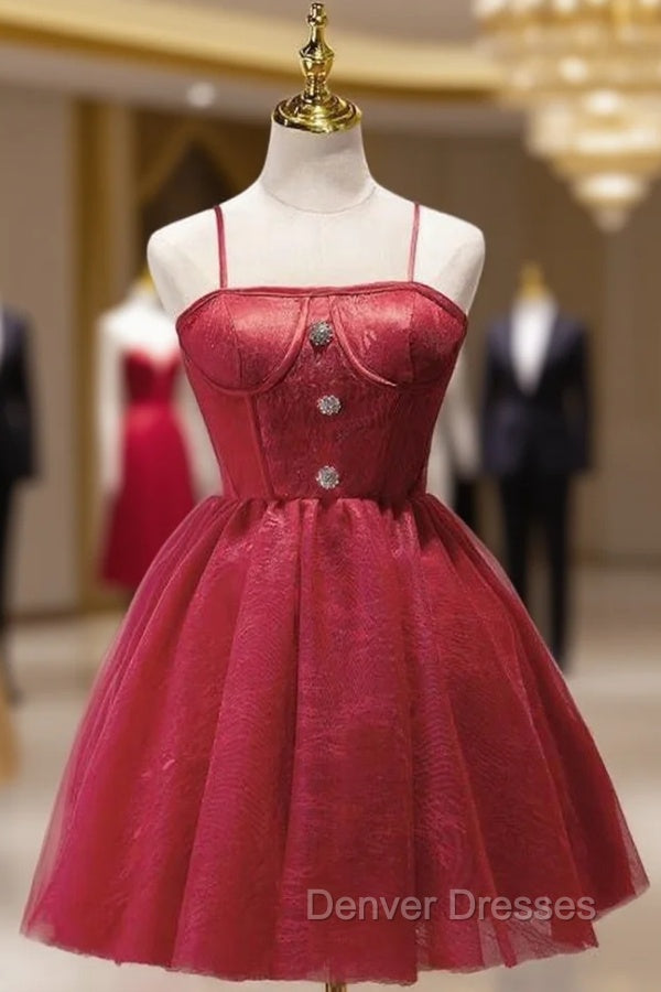 Burgundy Lace Spaghetti Straps Homecoming Dress Main image