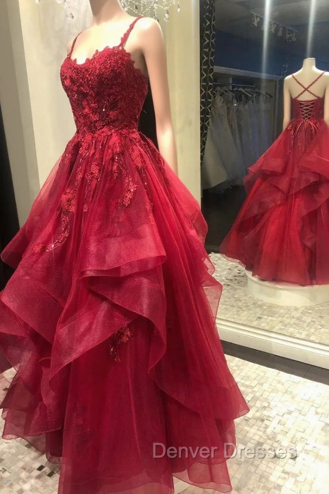 Burgundy Lace Tulle Layers Long Prom Dress, A-Line Evening Party Dress Main image