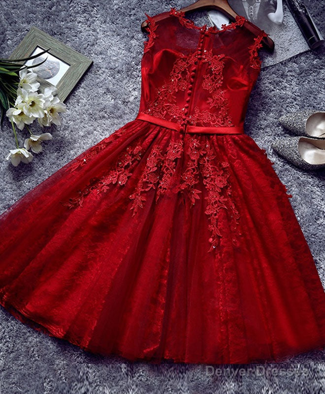 Burgundy Lace Tulle Short Prom Dress, Lace Homecoming Dresses Main image