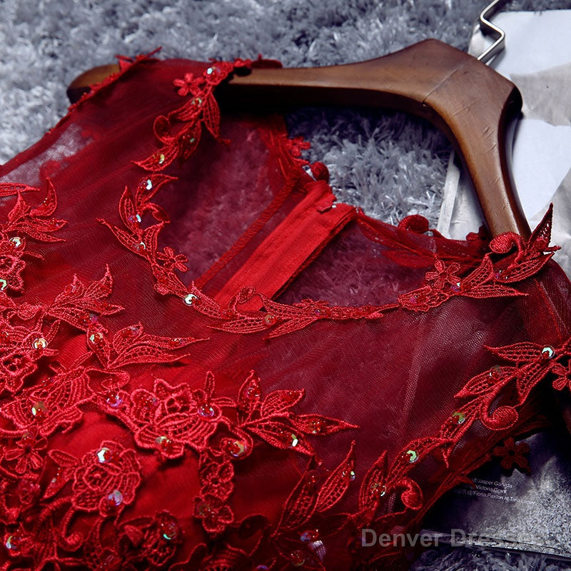 Burgundy Lace Tulle Short Prom Dress, Lace Homecoming Dresses Secondary image