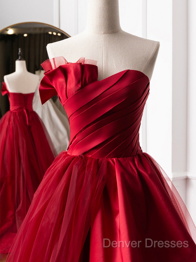 Burgundy Long Prom Dress, Burgundy Satin Formal Long Evening Dress