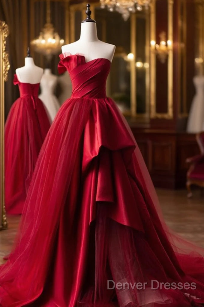 Burgundy Long Prom Dress, Burgundy Satin Formal Long Evening Dress Main image