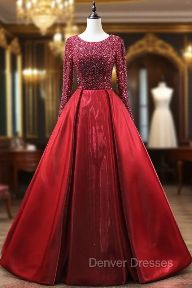 Burgundy Long Sleeve Beading Prom Dress Main image