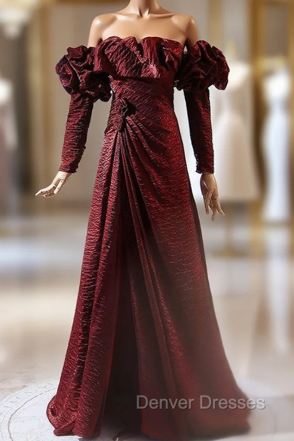 Burgundy Long Sleeve Pleats Prom Dress Main image