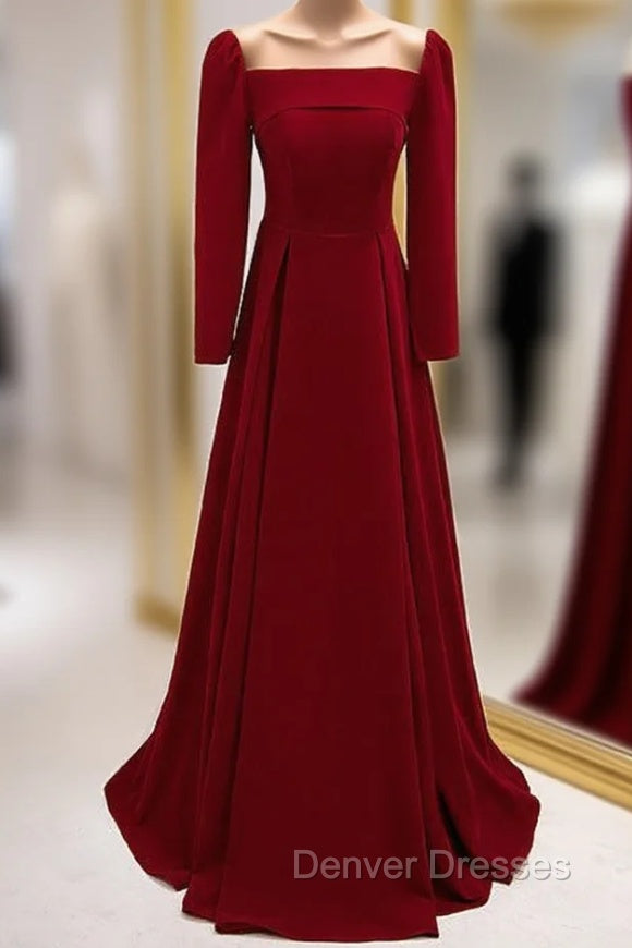 Burgundy Long Sleeve See Through Neck Prom Dress