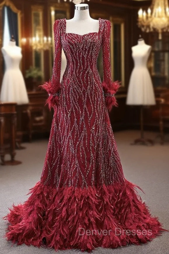 Burgundy Long Sleeve Square Beading Prom Dress