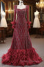 Burgundy Long Sleeve Square Beading Prom Dress