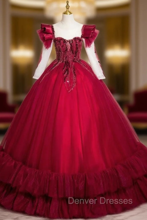 Burgundy Long Sleeve Tulle Sequins Quinceanera Dress Main image