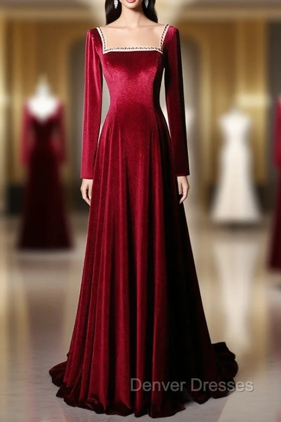 Burgundy Long Sleeve Velvet Beading Prom Dress Main image