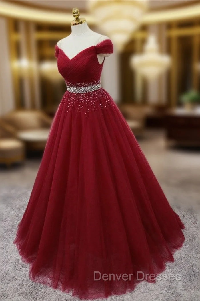 Burgundy Long Tulle Off Shoulder Prom Dress , Junior Prom Dress Main image