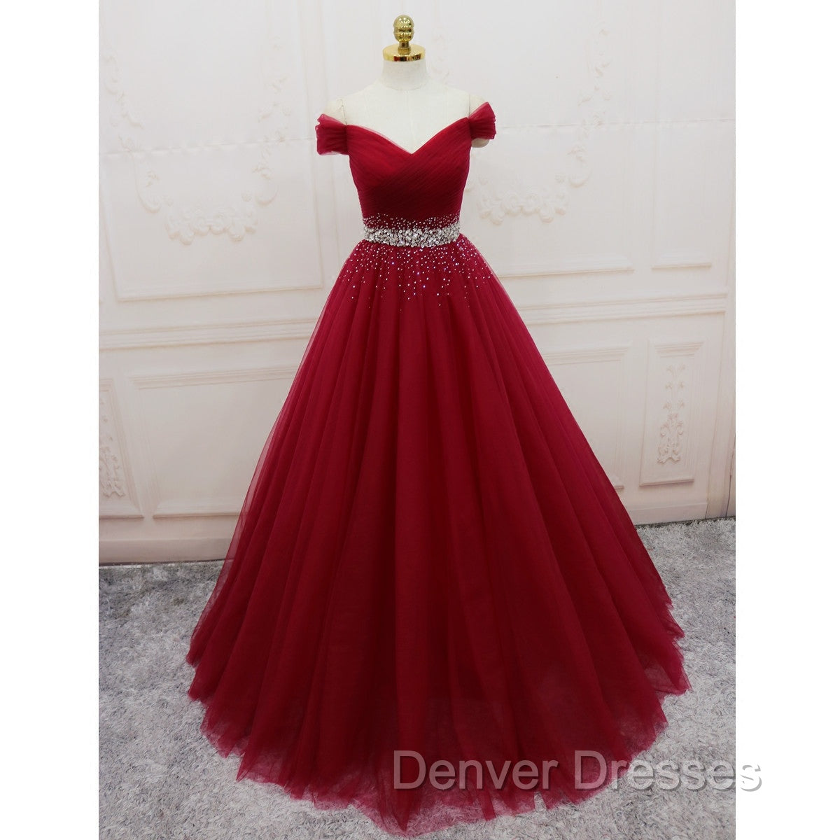 Burgundy Long Tulle Off Shoulder Prom Dress , Junior Prom Dress