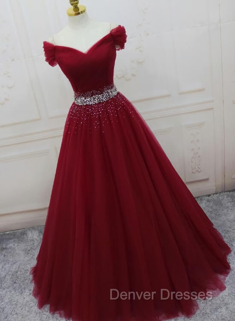 Burgundy Long Tulle Off Shoulder Prom Dress , Junior Prom Dress Secondary image