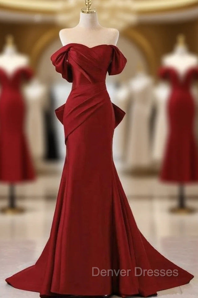 Burgundy Memraid Off the Shoulder Bow Prom Dress