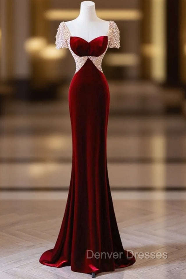 Burgundy Memraid Velvet Short Sleeve Beading Prom Dress Main image