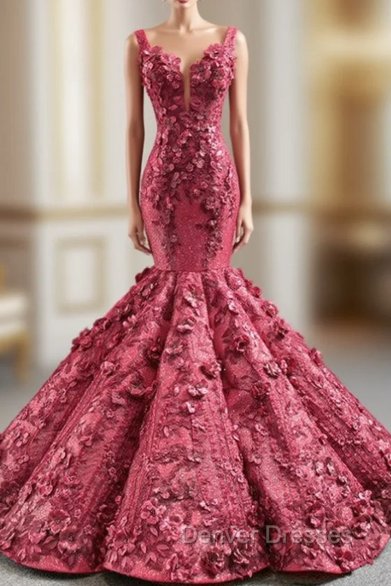 Burgundy Mermaid 3D Appliques Beading Straps Prom Dress