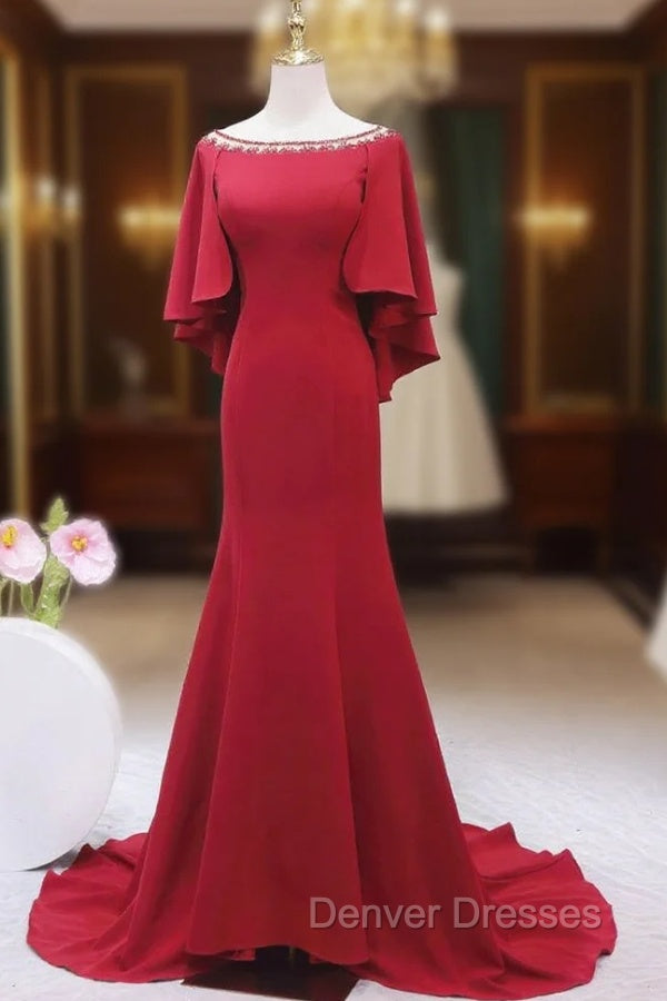 Burgundy Mermaid Bateau Beading Prom Dress