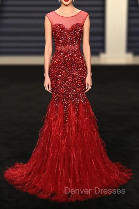 Burgundy Mermaid Beading Sequins Feather Prom Dress Main image