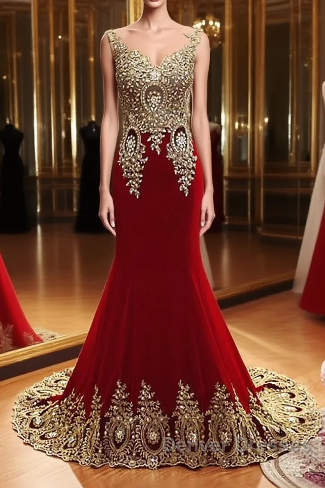 Burgundy Mermaid Beads Lace Appliques Chiffon Long Prom Dress, Burgundy Mermaid Formal Dress, Evening Dress Main image