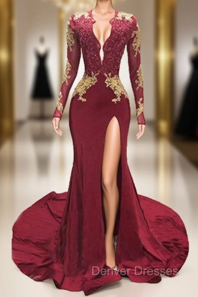 Burgundy Mermaid Deep V-neck Long Sleeve Backless Prom Dress