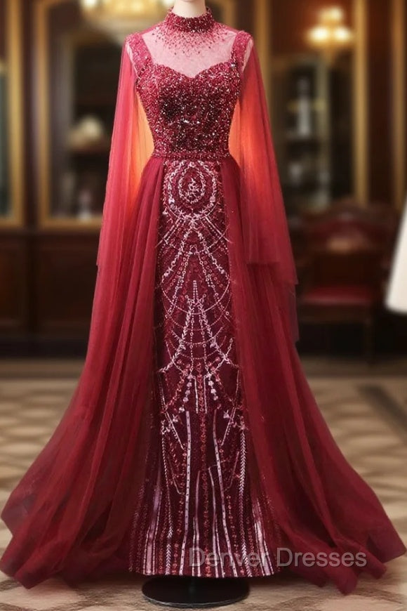Burgundy Mermaid High Neck Beading Prom Dress