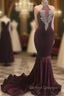 Burgundy Mermaid High Neck Velvet Prom Dress
